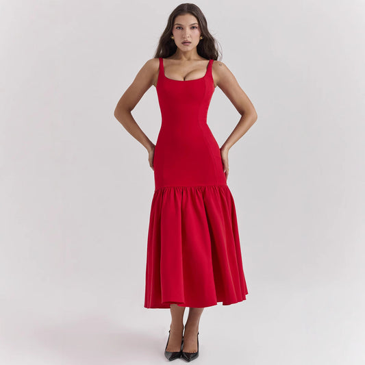 Women’s Evening Dress – Satin Finish – Fitted Flare Silhouette – Sleeveless Scoop Neck – Midi Length