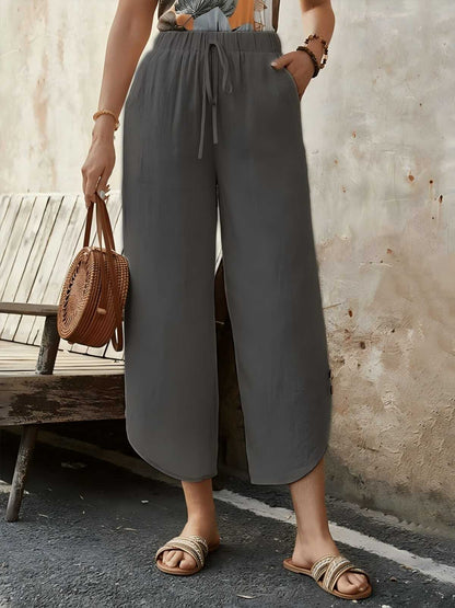 Women’s Cropped Trousers – Cotton Linen Blend – High Waist – Wide Leg – Drawstring Waist