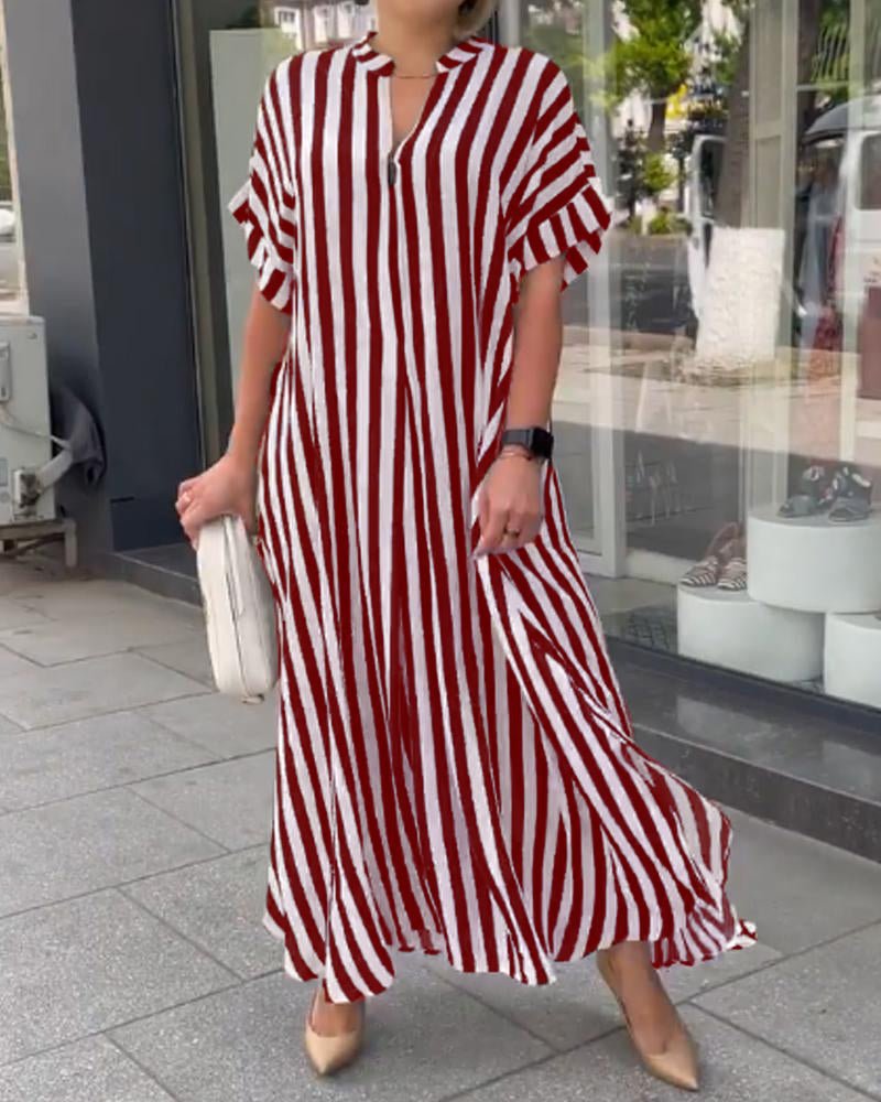 Women's Side Slit Dress - Short Sleeved - Vertical Striped Design