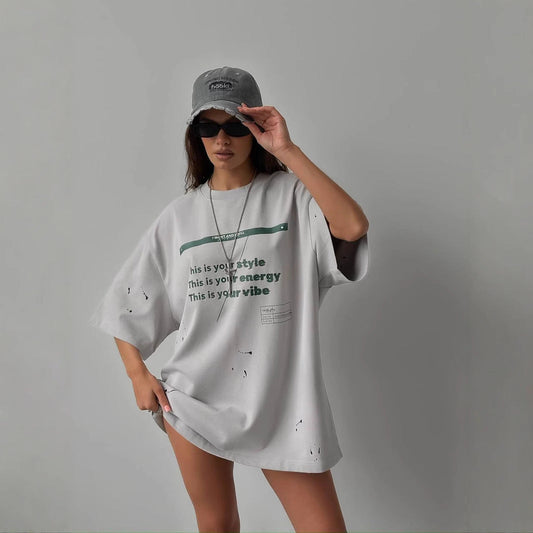 Women’s Oversized T-Shirt – Cotton Blend – Vintage Distressed Graphic – Casual Fit