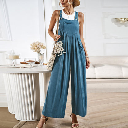 Women’s Overalls – Relaxed Fit – Wide Leg – Cotton Linen Blend – Adjustable Straps