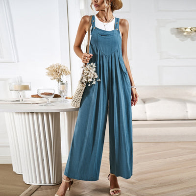 Women’s Overalls – Relaxed Fit – Wide Leg – Cotton Linen Blend – Adjustable Straps