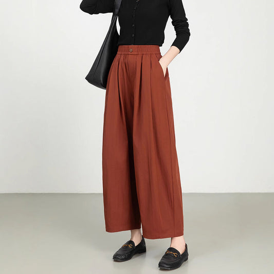 Women’s Wide-Leg Trousers – High Rise – Elastic Waist – Lightweight Twill – Full Length