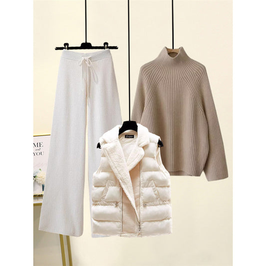 Women's cotton cardigan turtleneck high-waisted pants three-piece set