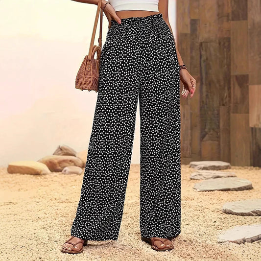 Women’s Flared Trousers – Relaxed Fit – Polka Dot – Elastic Waist – Breathable Blend