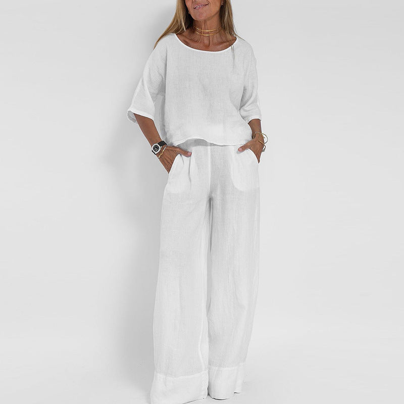 Women’s Two-Piece Set – Linen Blend – Relaxed Fit – Short Sleeve Top & Wide-Leg Trousers
