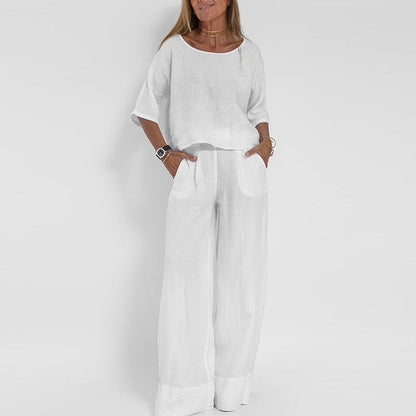 Women’s Two-Piece Set – Linen Blend – Relaxed Fit – Short Sleeve Top & Wide-Leg Trousers
