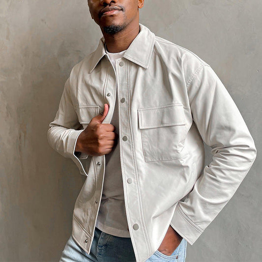 Men’s Faux Leather Jacket – Relaxed Fit – Snap Button Front – Chest Flap Pockets