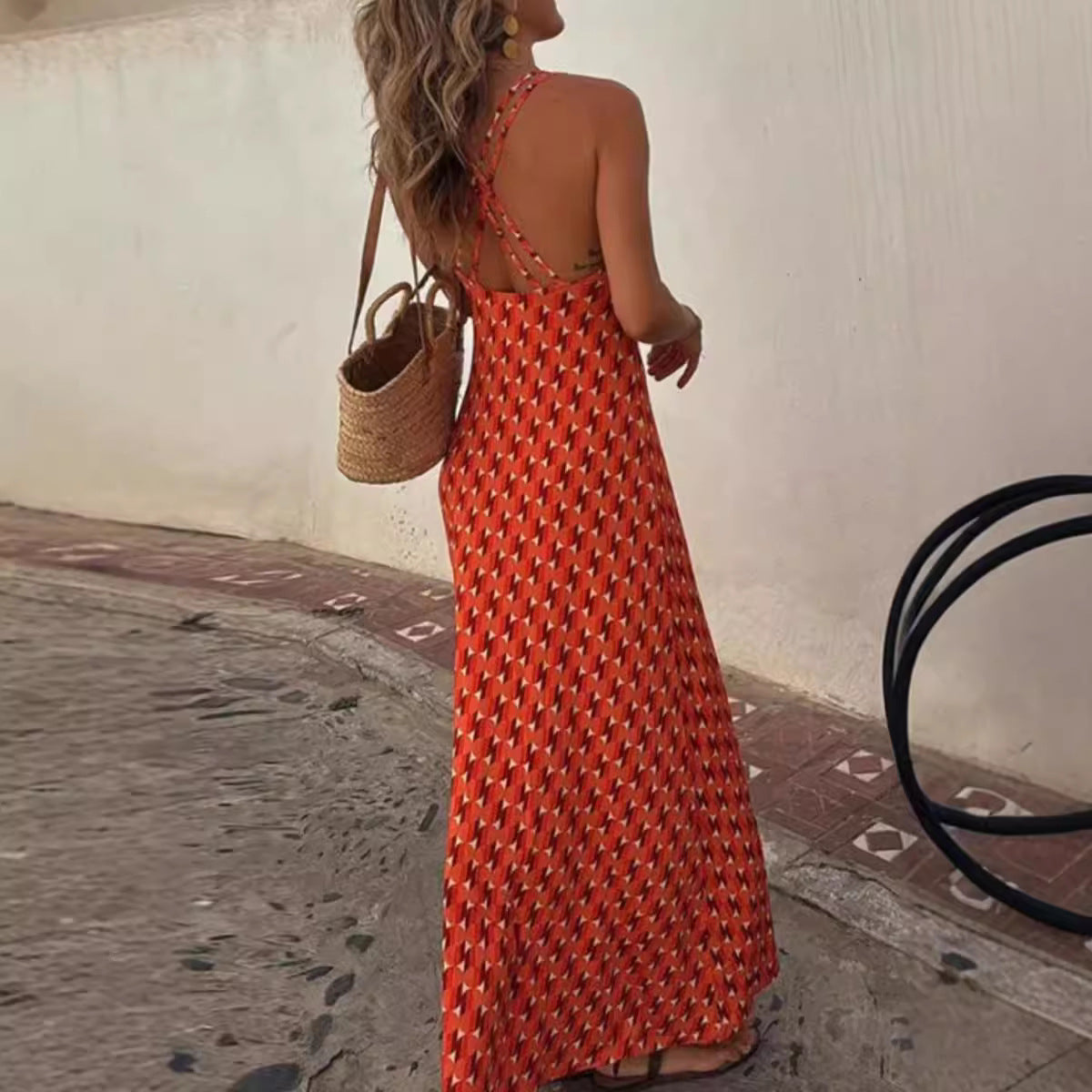 Women’s Long Dress – Slim Fit Halter Neck – Cut-Out Detail – Geometric Print – Breathable Fabric