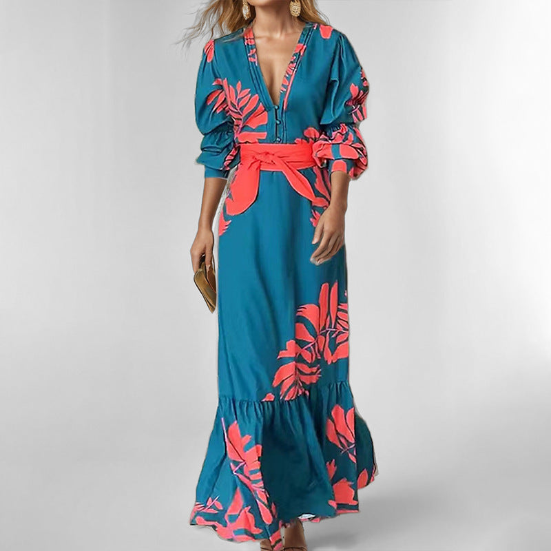 Women’s Maxi Dress – Puff Sleeve – V-Neck – Belted Waist – Bold Print – Button Detail