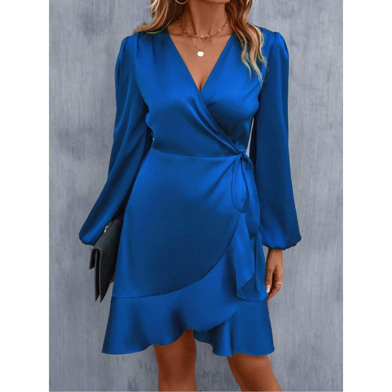 Women’s Wrap Dress – Satin Feel – Draped Fit – Long Sleeve – V-Neck – Mini Length