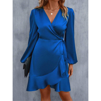 Women’s Wrap Dress – Satin Feel – Draped Fit – Long Sleeve – V-Neck – Mini Length