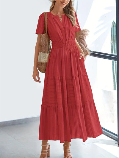 Women’s Maxi Dress – V-Neck – Puff Sleeve – Ruched Waist – Tiered A-Line Fit