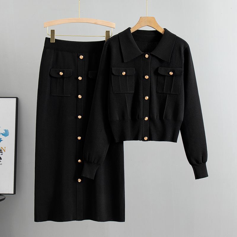 Women's Knit Two-Piece Set - Button-Up Cardigan & High-Waisted Midi Skirt