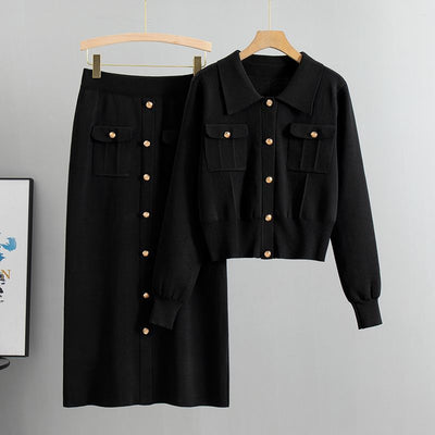 Women's Knit Two-Piece Set - Button-Up Cardigan & High-Waisted Midi Skirt