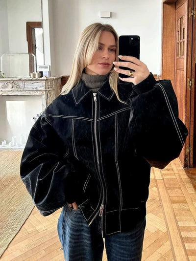 Women’s Oversized Jacket – Relaxed Fit – Contrast Stitching – Elastic Cuffs – Zip Front