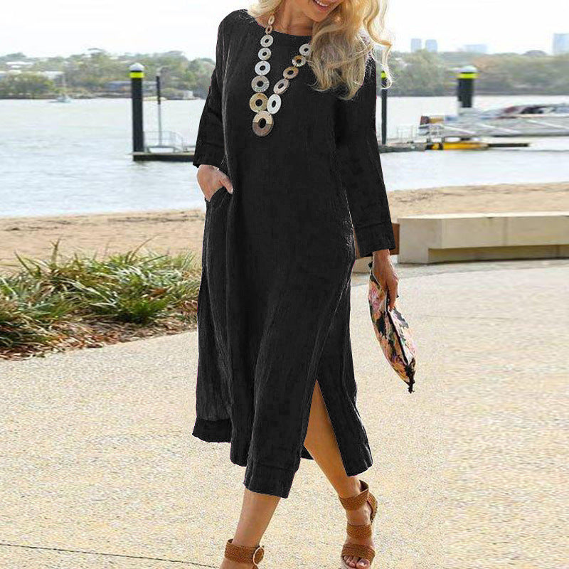 Women’s Shirt Dress – Relaxed Fit – Long Sleeve – Midi Length – Lightweight Woven – Pockets
