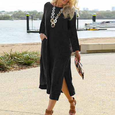 Women’s Shirt Dress – Relaxed Fit – Long Sleeve – Midi Length – Lightweight Woven – Pockets