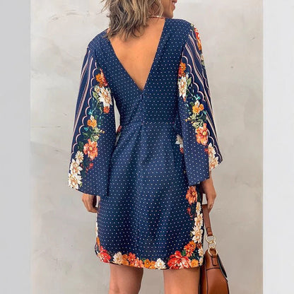 Women’s Mini Dress – Relaxed Fit – Cotton – Floral Print – Bell Sleeve – V-Neck