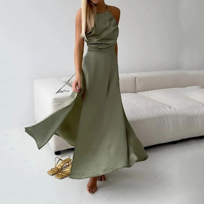 Women’s Maxi Dress – Halter Neck – Slim Fit – Silky Fabric – High Slit – Open Back