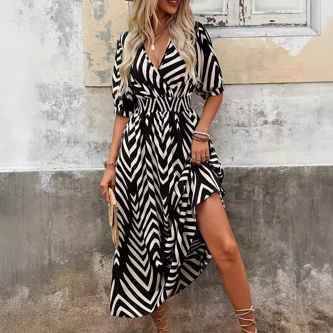 Women’s Midi Dress – A-Line Fit – V-Neck Wrap – Belted Waist – Puff Sleeves – Geometric Print