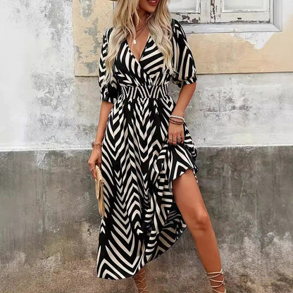 Women’s Midi Dress – A-Line Fit – V-Neck Wrap – Belted Waist – Puff Sleeves – Geometric Print