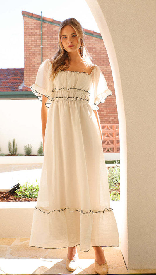 Women’s Long Dress – Cotton Blend – Relaxed Fit – Tiered Skirt – Ruffled Sleeves