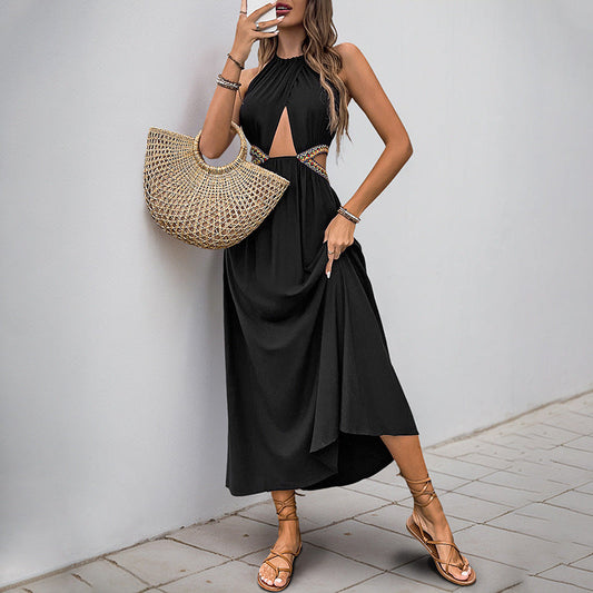Women’s Halter Neck Dress – Cut-Out Waist – Knot Front – Flowy Midi Fit – Lightweight Fabric