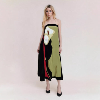 Women’s Strapless Midi Dress – Abstract Print – Lightweight Flowing Fit