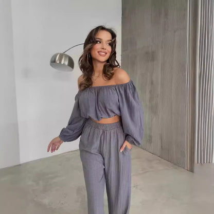 Women’s Two-Piece Set – Off-Shoulder Crop Top – Wide-Leg High-Waist Trousers – Lightweight Fabric