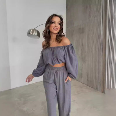 Women’s Two-Piece Set – Off-Shoulder Crop Top – Wide-Leg High-Waist Trousers – Lightweight Fabric