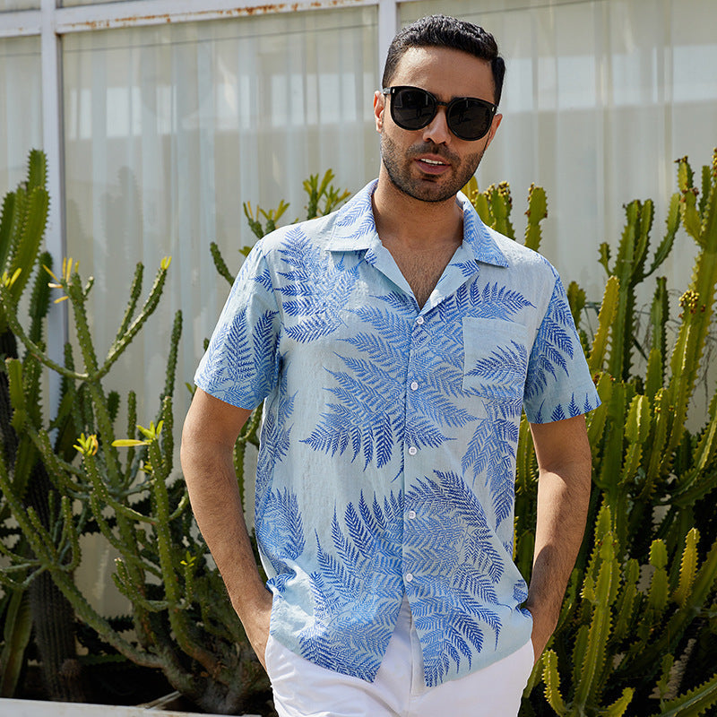 Men’s Short Sleeve Shirt – Relaxed Fit – Lightweight Breathable Cotton Blend – Leaf Print
