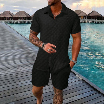 Men’s Two-Piece Set – Jacquard Shirt and Shorts – Relaxed Fit – Short Sleeve Lapel