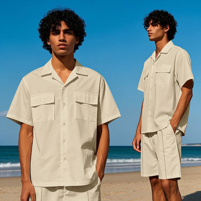 Men’s Shirt and Shorts Set – Relaxed Fit – Button-Down Top – Drawstring Waist – Breathable Blend