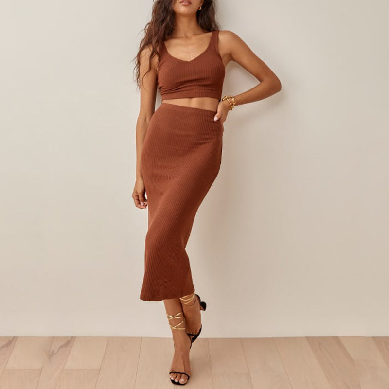 Women’s Matching Set – Ribbed Knit Crop Top and High-Waisted Midi Skirt – Slim Fit