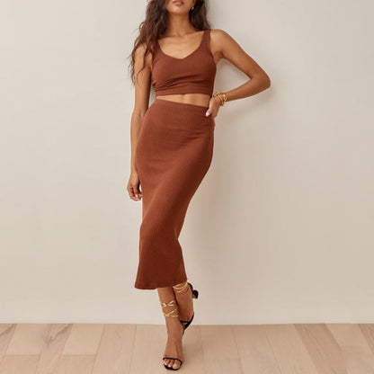 Women’s Matching Set – Ribbed Knit Crop Top and High-Waisted Midi Skirt – Slim Fit