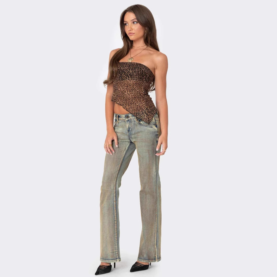 Women’s Tube Top – Animal Print – Slim Fit – Strapless Cropped Asymmetric Hem