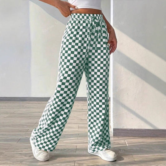 Women’s Wide-Leg Trousers – Relaxed Fit – Checkered Print – Elastic Waist with Drawstring