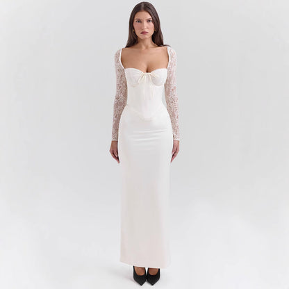 Women’s Evening Dress – Satin Bodycon Fit – Lace Sleeves – Sweetheart Neckline