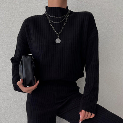 Women’s Knit Set – Ribbed Two-Piece – Relaxed Fit – Semi-High Neck – Full Length