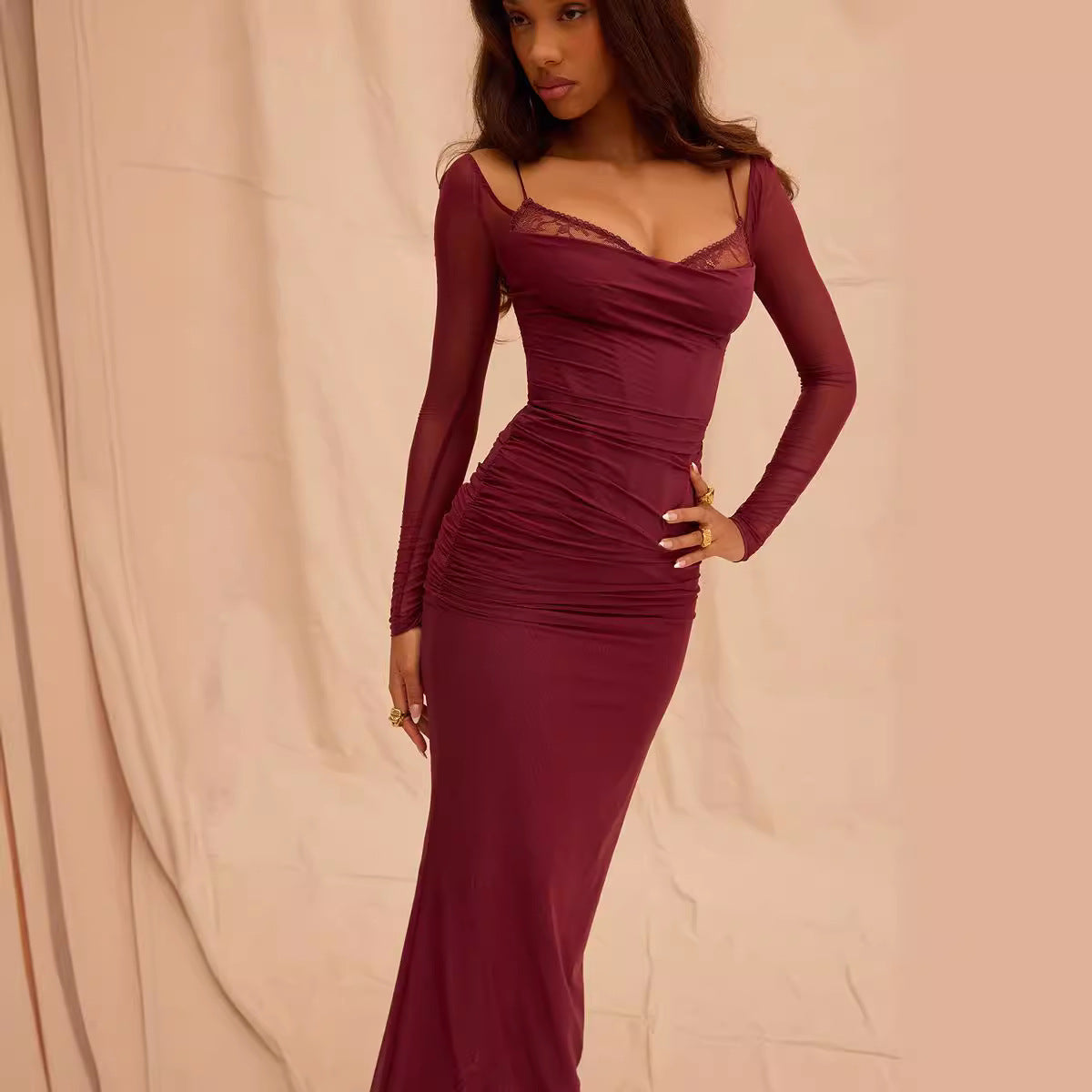 Women’s Sheath Dress – Slim Fit – Mesh Sleeves – Lace Detail – Backless – Full Length
