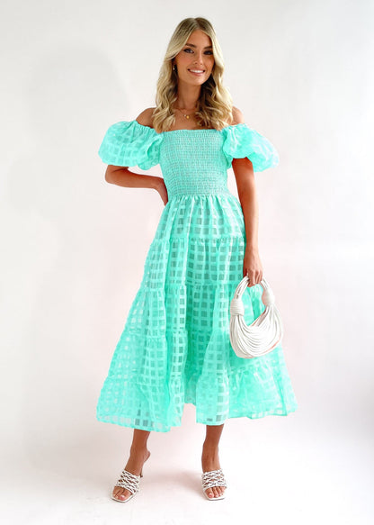 Women’s Maxi Dress – Off-Shoulder – Puff Sleeves – Smocked Waist – Tiered Skirt – Breathable Blend