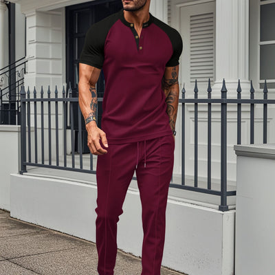 Men’s Two-Piece Set – Short-Sleeve Shirt – Color Block – Athletic Fit – Stand Collar – Stretch Fabric