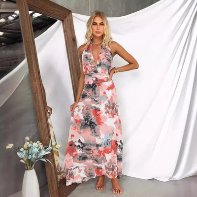 Women’s Maxi Dress – V-Neck – Tie Back – Bold Print – Lightweight A-Line Fit