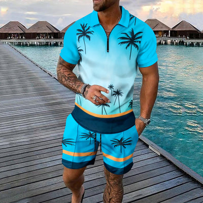 Men’s Shirt and Shorts Set – Slim Fit – Tropical Print – Zip Neck – Cotton Blend