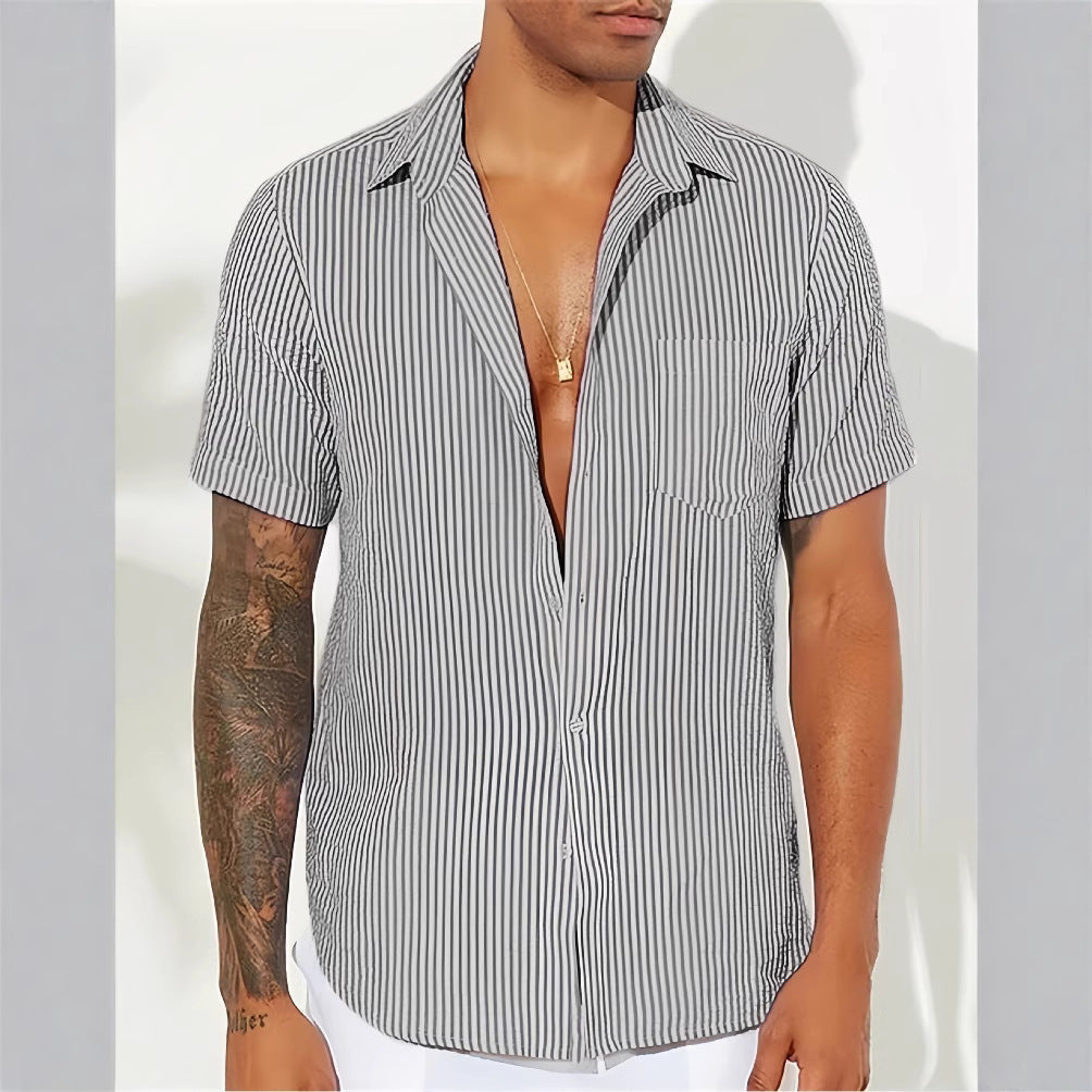 Men’s Casual Shirt – Relaxed Fit – Short Sleeve – Vertical Stripes