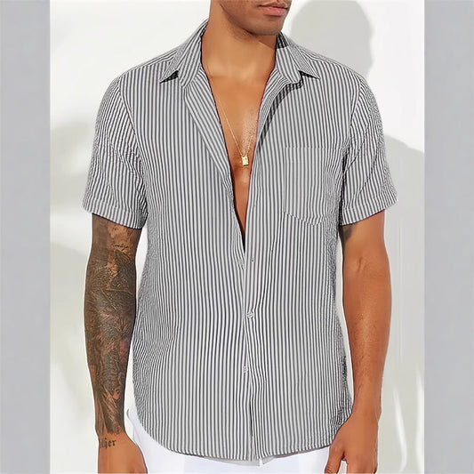 Men’s Casual Shirt – Relaxed Fit – Short Sleeve – Vertical Stripes
