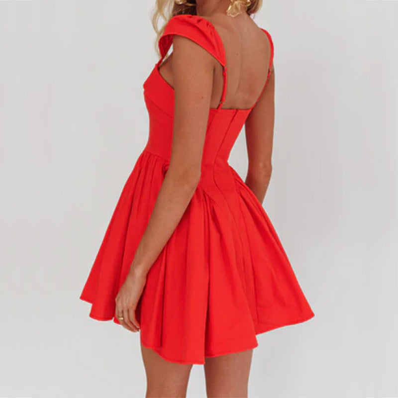 Women’s Sleeveless Short Dress – Square Neck – Fitted Bodice – Pleated A-Line Skirt – Button Front – Lightweight Cotton Blend
