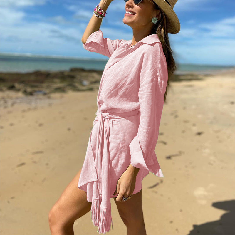 Women’s Wrap Dress – Cotton Linen Blend – Mini Length – Long Sleeve – Collared V-Neck
