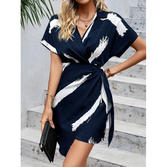 Women’s Wrap Dress – V-Neck – Short Sleeve – Graphic Pattern – Mini Length – Cotton